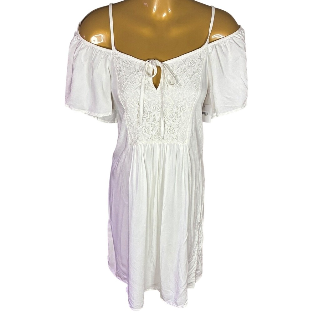 White Off Shoulder Lace Mini Dress Tie Waist Bridal Shower Summer NWT S JustFab